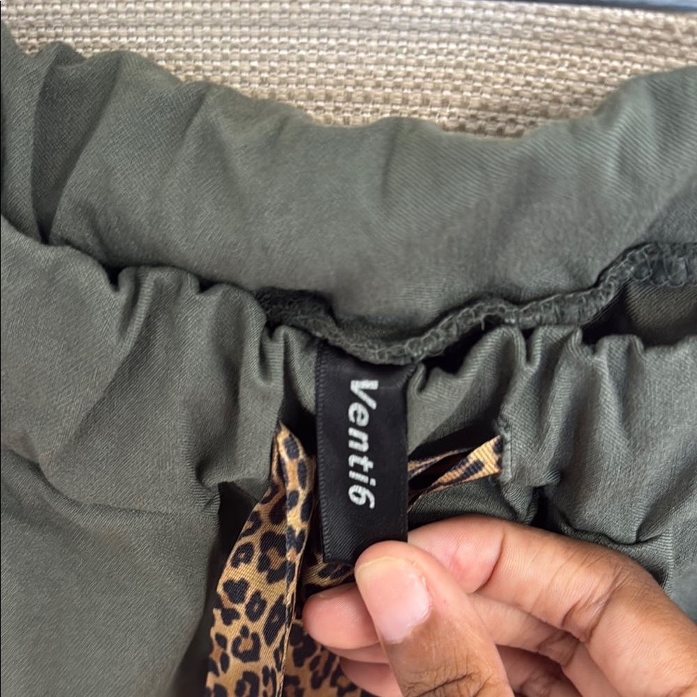 Olive Green Women's Pants with Leopard Print Tie - Picture 2 of 4